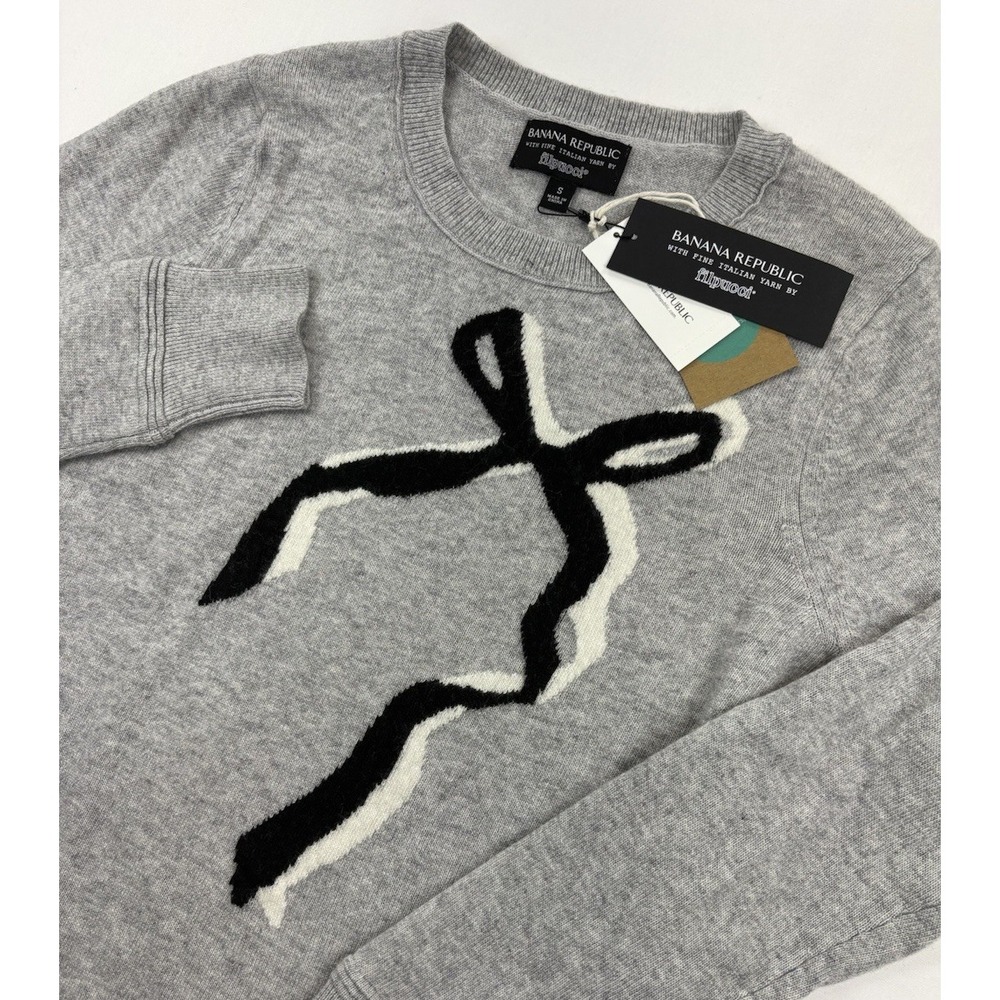 NWT Banana Republic Sweater Grey Merino Wool Cashmere Bow Intarsia Women's S.